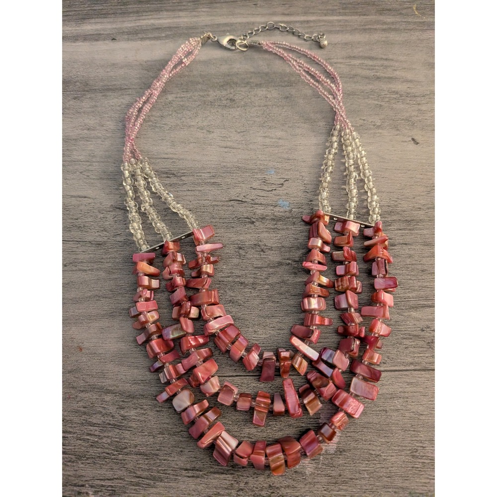 Pink Mother of Pearl Shell Multi Strand Statement Necklace Seed Bead Silver Tone